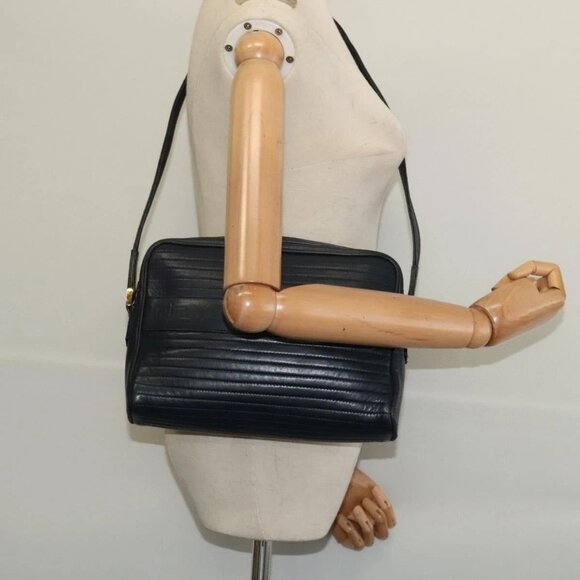 SAINT LAURENT Shoulder Bag Leather Navy Gold Auth - Picture 1 of 15